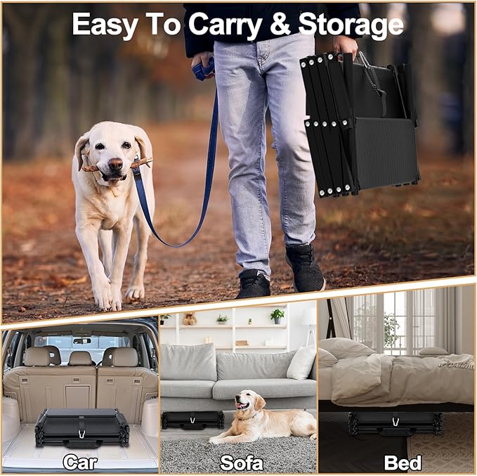 Extra Wide Dog Stairs for Large Dogs, Foldable Dog Ramp for Car with Non-Slip Surface, Lightweight Dog Stairs for Cars, Dog Steps for Cars, SUV, High Beds, Truck, Supports up to 250 lbs, 4 Steps-PawvioPets