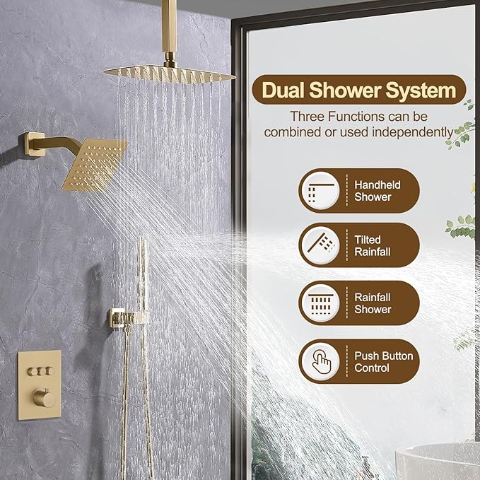 12 Inch Rain Shower System, Brushed Gold Shower Faucet Set with Push Button Diverter, 6 Inch Wall Mounted 3-Functions Bathroom Shower Systems with Dual-Function Handheld (Thermostatic, Gold Brushed)-PawvioPets