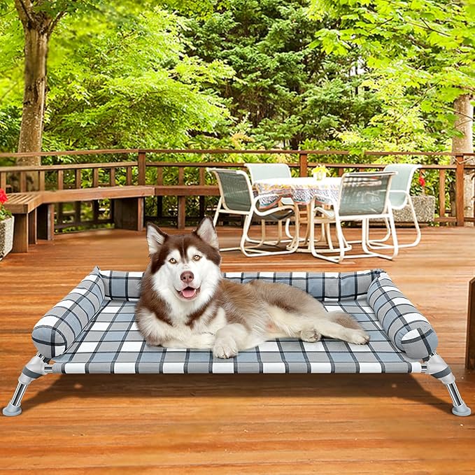 Elevated Raised Dog Bed Cot - Cooling Raised Dog Bed with Bolster Portable Washable Pet Hammock with Pillows & Metal Frame for Indoor & Outdoor, Large-PawvioPets