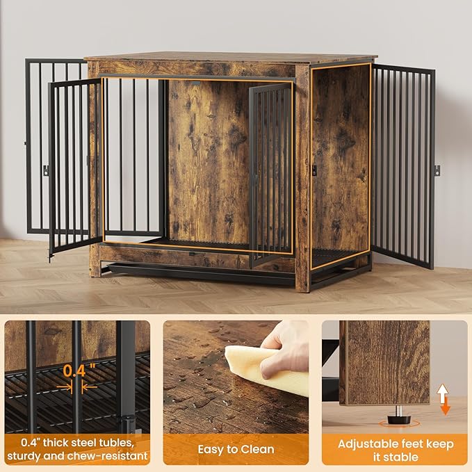 Dog Crate Furniture, Large Dog Crate Furniture, Wooden Cage Kennel Furniture Indoor, Modern Dog Crate with Multi-Purpose Removable Tray, Double-Doors Dog Furniture, Rustic Brown-PawvioPets
