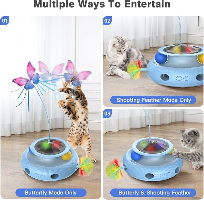 Automatic Interactive Cat Toys for Indoor Cats & Bored Adults - Kitten Toys with Fluttering Butterfly, Ambush Feather & Track Balls - Exercise & Stimulation for Playful Cats (Sky Blue)-PawvioPets