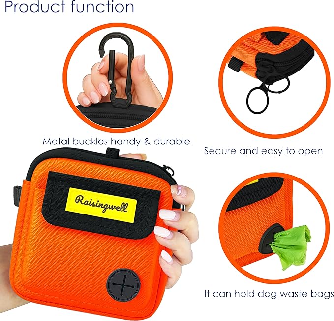 Dog Treat Pouch for Pet Walking and Training with Clicker Poop Bags, and Three Bags Design Small Fanny Zipper Pack Holder for Puppy Snack Dispenser Kit for Leash and Outdoor Use (Orange)-PawvioPets