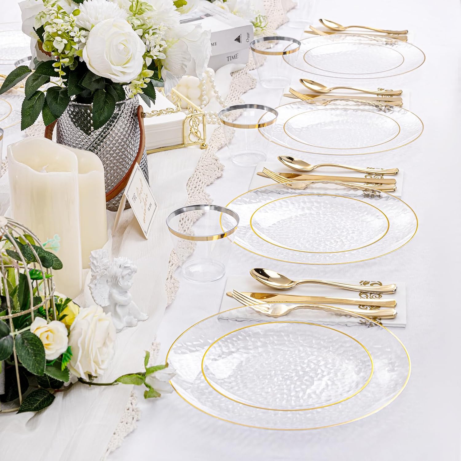 Rubtlamp 350 Pcs Clear Gold Plastic Plates, Hammered Disposable Dinnerware, Clear-Gold Plates Set Include 100 Plastic Platos, 150 Gold Disposable Silverware, 50 Cups And 50 Napkins for Party