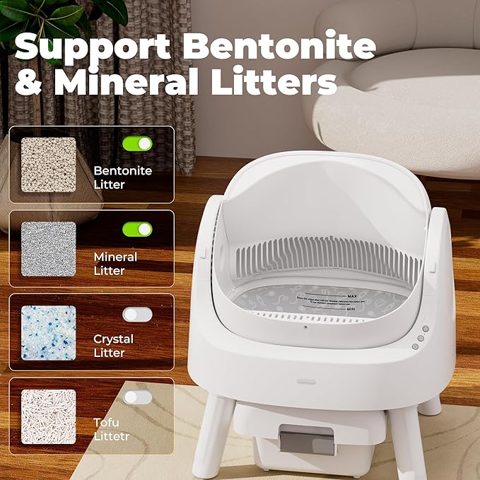 Automatic Litter Box, Open-Top Self Cleaing Litter Box with Safety Sensors and 10 L Waste Container, Suitable for Multiple Cats, White-PawvioPets