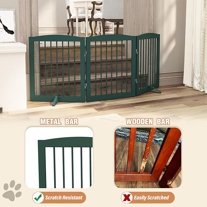 Freestanding Pet Gate for Dogs, Foldable Wooden Dog Gate for House, Indoor Dog Gate for Doorways, Stairs, Step Over Pet Puppy Safety Fence, Support Feet Included,24" Height 3 Panels,Green-PawvioPets