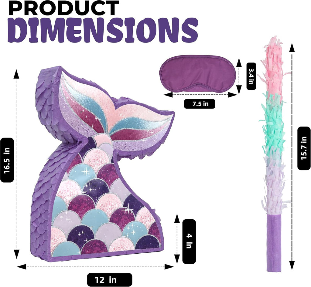 Mermaid Tail Pinatas Bundle with a Blindfold and a Bat (16.5 x 12 x 4 Inches), Perfect for kid's Birthday Parties, Mermaid Theme Parties for Girls, Decorations