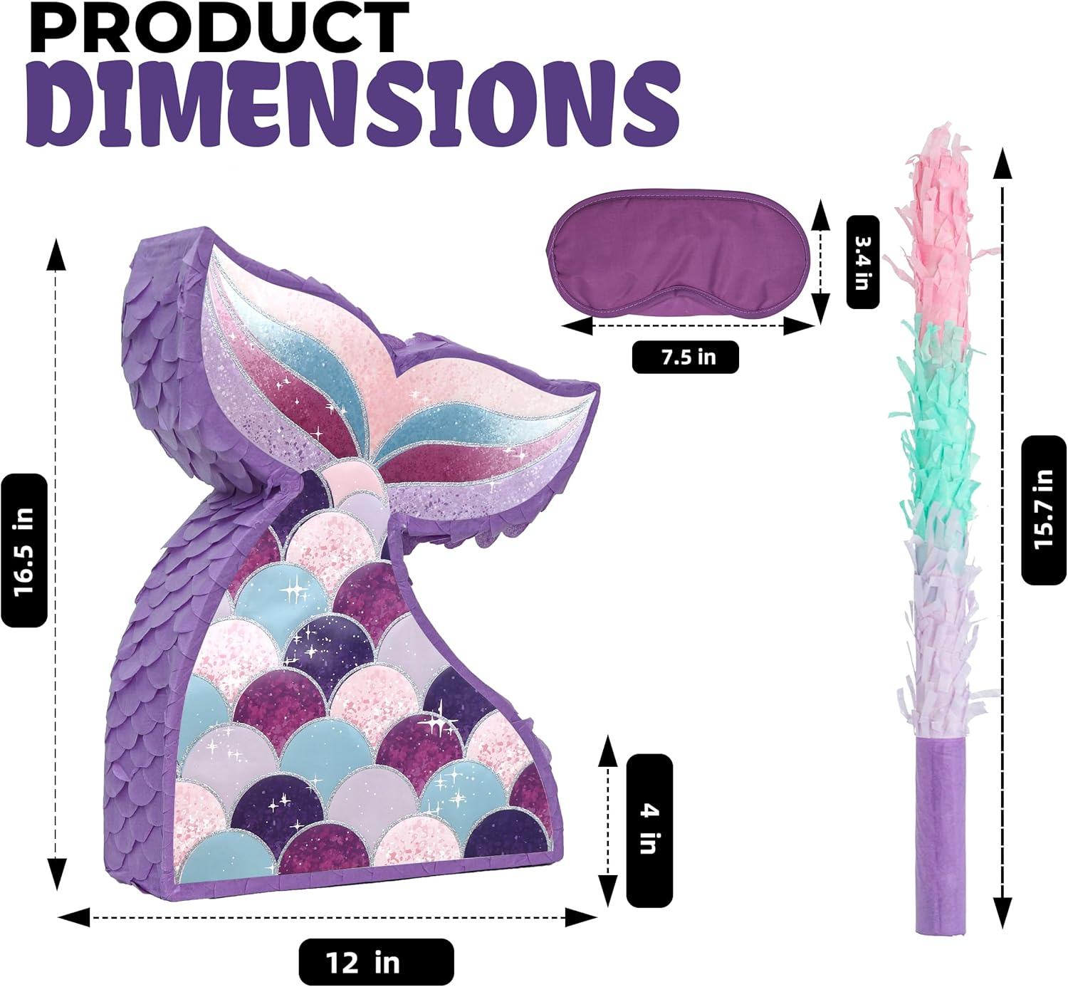 Mermaid Tail Pinatas Bundle with a Blindfold and a Bat (16.5 x 12 x 4 Inches), Perfect for kid's Birthday Parties, Mermaid Theme Parties for Girls, Decorations