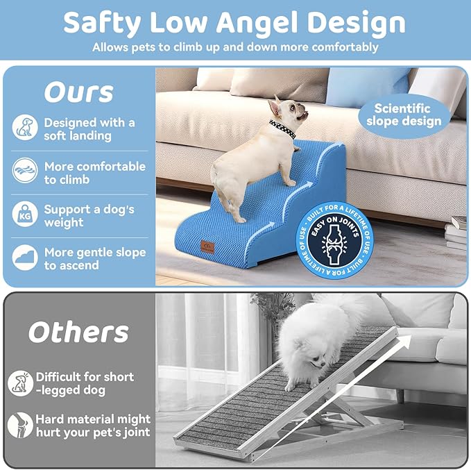 Dog Ramp and Stair for Bed 16" H-20 H,3-Step Cat Stair for Sofa and Chair,4-Step Dog Ramp for High Bed and Window,Durable Nonslip Fabric Cover for Indoor (Blue-16“H, Pet Friendly, 3)-PawvioPets