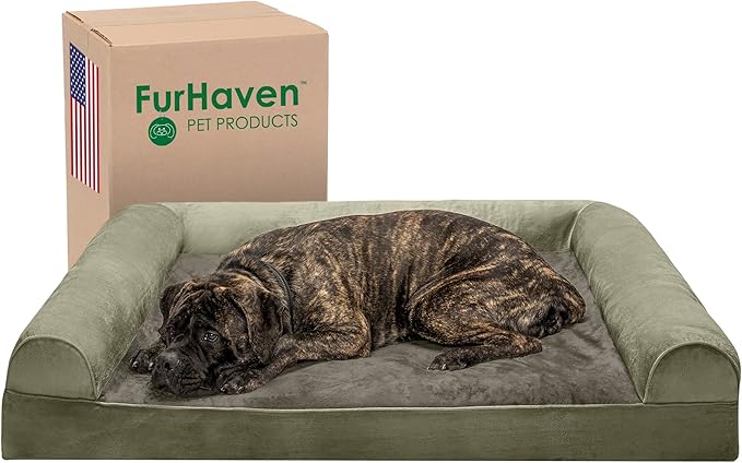 Furhaven Orthopedic Dog Bed for Large Dogs w/ Removable Bolsters & Washable Cover, For Dogs Up to 125 lbs - Faux Fur & Velvet Sofa - Dark Sage, Jumbo Plus/XXL-PawvioPets