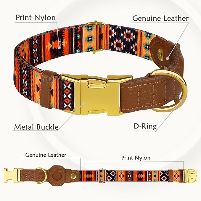 AirTag Dog Collar for Small Medium Large Breed - Adjustable Cute Pattern Dog Collar with Airtag Holder - Soft Leather Tracker GPS Apple Air Tag Pet Collars (Small, 12"-15" Neck Fit, Western)-PawvioPets