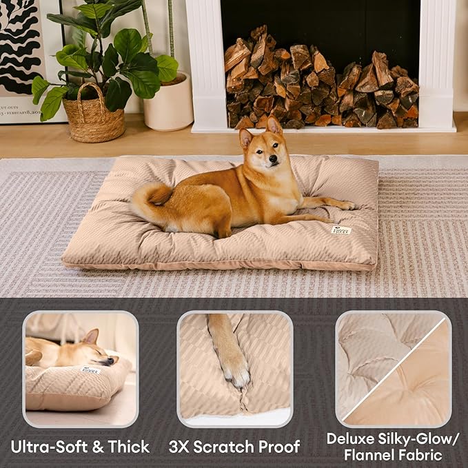 FUNNY FUZZY 2 in 1 Dog Bed Crate Pad Mat, Washable Reversible Pet Floor Mats,Fluffy Kennel Pad for Small Large Sized Dog,Indoor Cats,Sleeping Mattress, 41.7" × 28.3", Beige-PawvioPets