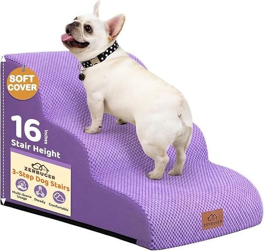Dog Ramp and Stair for Bed 16" H-20 H,3-Step Cat Stair for Sofa and Chair,4-Step Dog Ramp for High Bed and Window,Durable Nonslip Fabric Stair for Indoor (Purple-16 H, Pet Friendly, 3)-PawvioPets