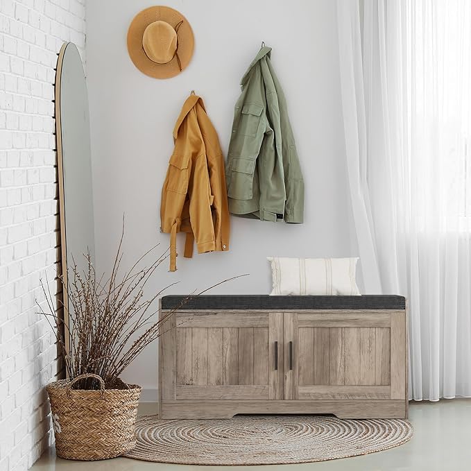 2-Tier Storage Bench, Shoe Bench with Thickened Padded Seat Cushion, Entryway Bench with 2 Doors, Adjustable Shelf, 13.8" D x 37.4" W x 18.5" H, for Entryway, Living Room, Bedroom, Greige-PawvioPets