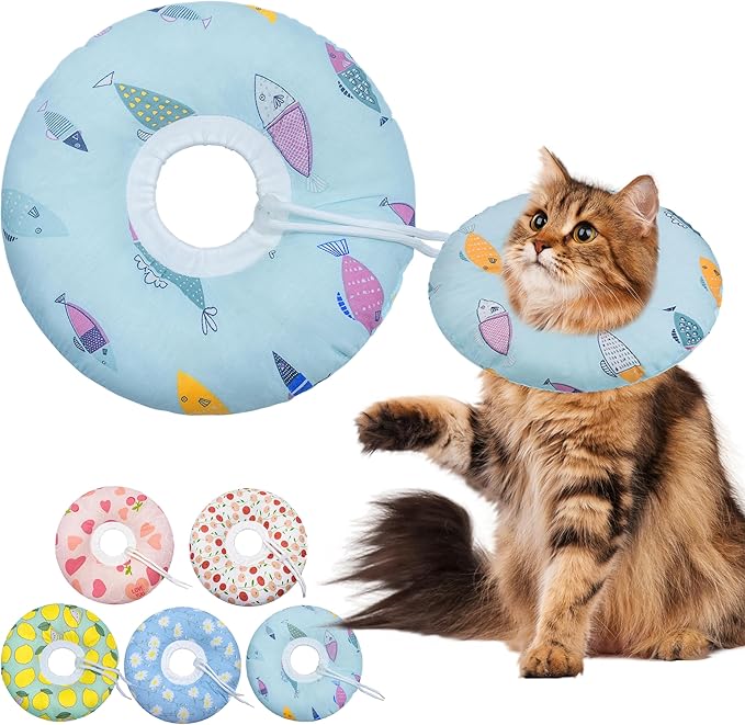 Cat Cone Collar Soft, Adjustable Cat Recovery Collars Kitten Cones to Stop Licking, Cute Donut Cones for Cats After Surgery, Elizabethan Collar for Kittens After Spay(Blue Fish, Large)-PawvioPets