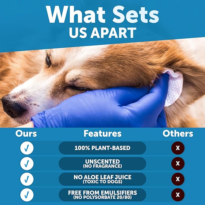 Dog Ear Wipes - 100 ct - Removes Wax and Dirt - Soothing Ear Cleaner Wipes for Dogs, Puppies - 100% Plant Based, Unscented with Coconut Oil - Ear Infection Treatment to Relief Itching & Inflammation-PawvioPets