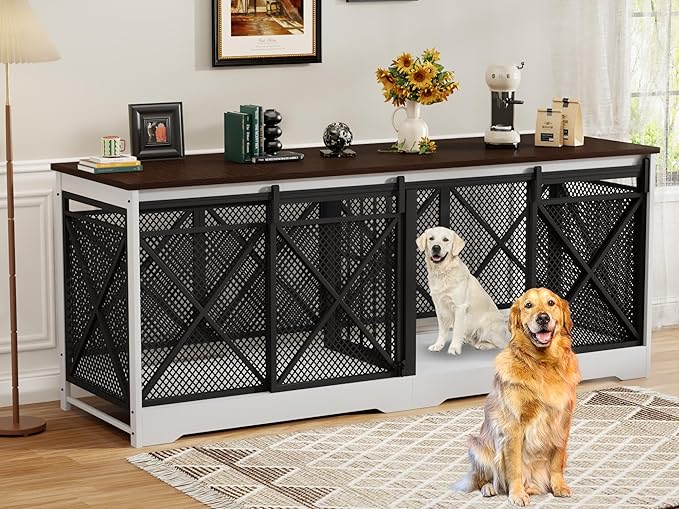 COZPAW 78 Inch Double Dog Crate Furniture, Extra Large Dog Kennel Indoor for Medium Large 2 Dogs, Heavy Duty Dog Cage Chew-Resistant Steel and Wooden Pet House with Removable Divider (White Brown)-PawvioPets