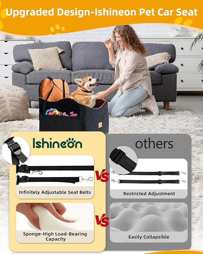 Car Seat Booster for Dog: High-Support Memory Foam Pet Car Seat for Small/Medium Dogs Under 35lbs with Elevated Cushion,Pockets - Detachable Washable Puppy Travel Bed for Driving(Black/Brown)-PawvioPets