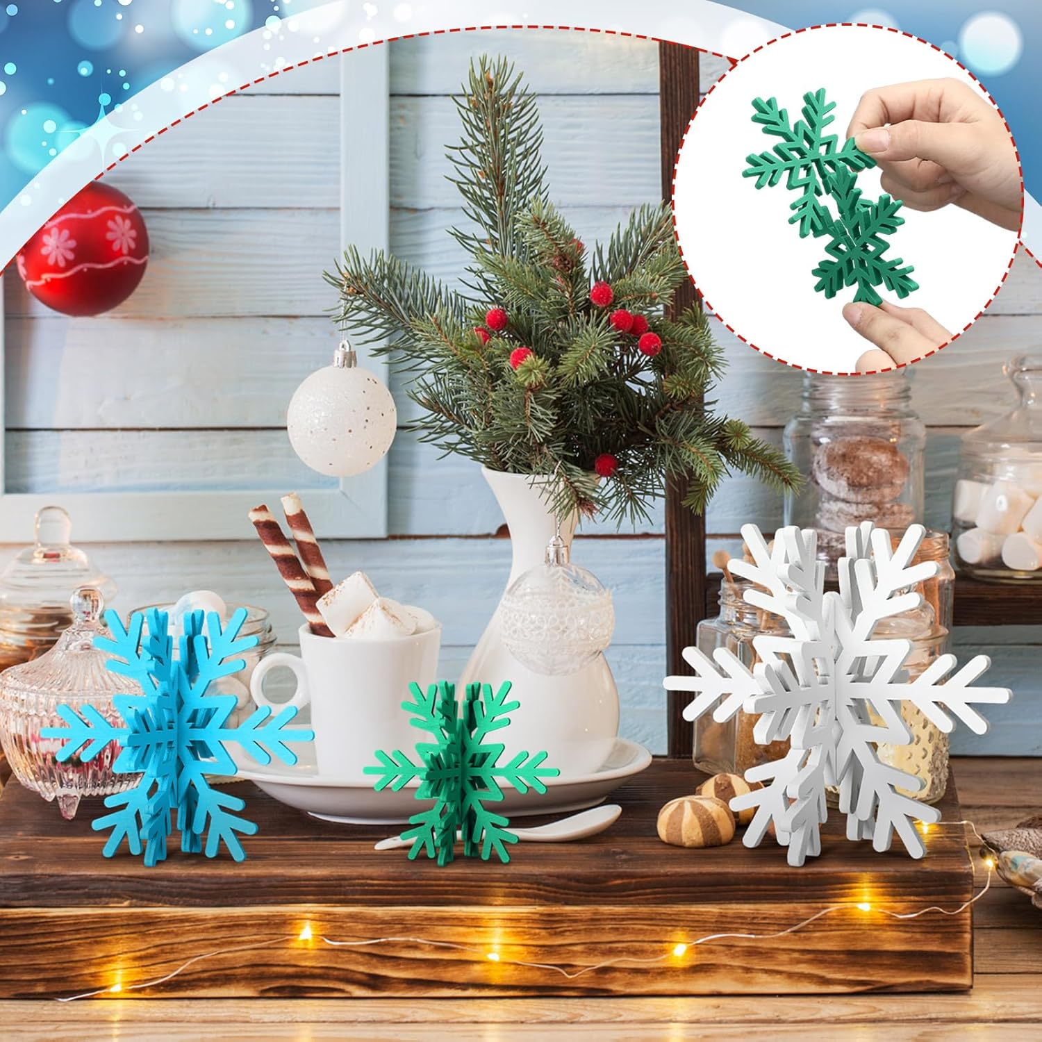 Bucherry 12 Pcs Wooden Snowflake Table Decor 3D Snowflake Tabletop Signs and Centerpiece for Christmas Xmas Winter Wonderland Decorations Home Party(White, Blue, Green)