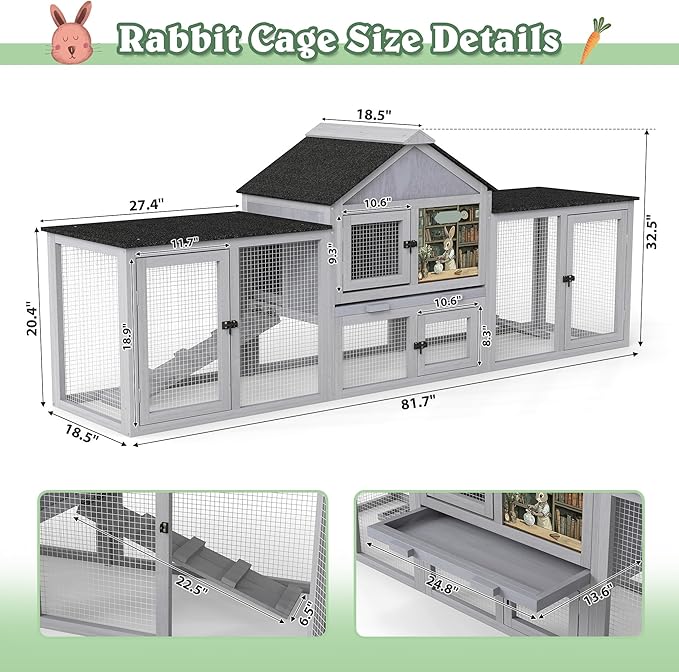 COZIWOW 82inches Extra Large Wood Rabbit Hutch Outdoor Easy to Assemble and Stable Bunny Cage Indoor with Cleaning Tray & Waterproof Roof for Small and Medium Bunny Rabbit Chick (Grey)-PawvioPets
