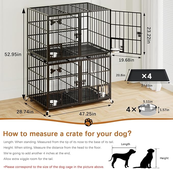 aboxoo 48 inch Stackable Heavy Duty Metal Dog Crate for 4 Dogs/Large Dog,All Metal Open Top Access,Escape Proof Cage,Dog Kennel Indoor with Wheels,Floor Grid, Tray, Divider and Feeding Bowl-PawvioPets