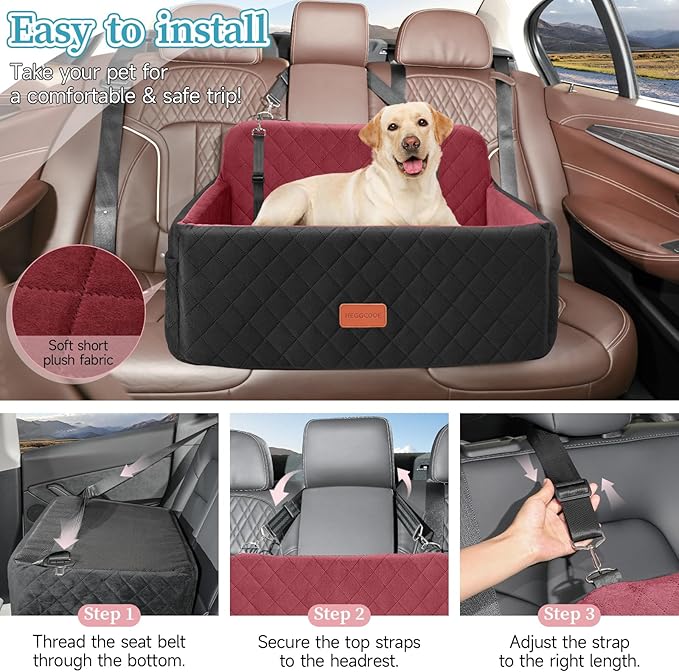 Dog Car Seat for Medium/Large Dogs, Pet Booster Seat for Under 55 lbs or 2 Small Dogs, Detachable & Washable Dog Car Bed for Backseat with 2 Safety Leashes (Blcak/red)-PawvioPets