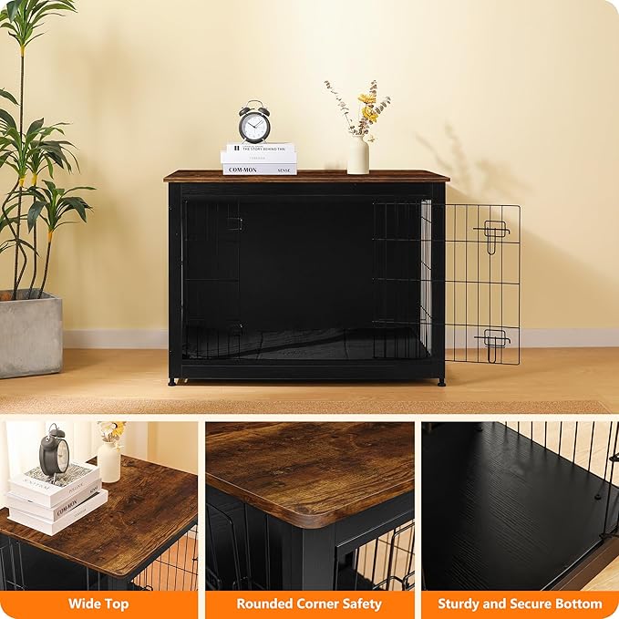 DWANTON Dog Crate Furniture with Cushion, Wooden Kennel Table with Double Doors, Indoor Dog House, Large Size, 38.5" L, Black+Rustic Brown-PawvioPets