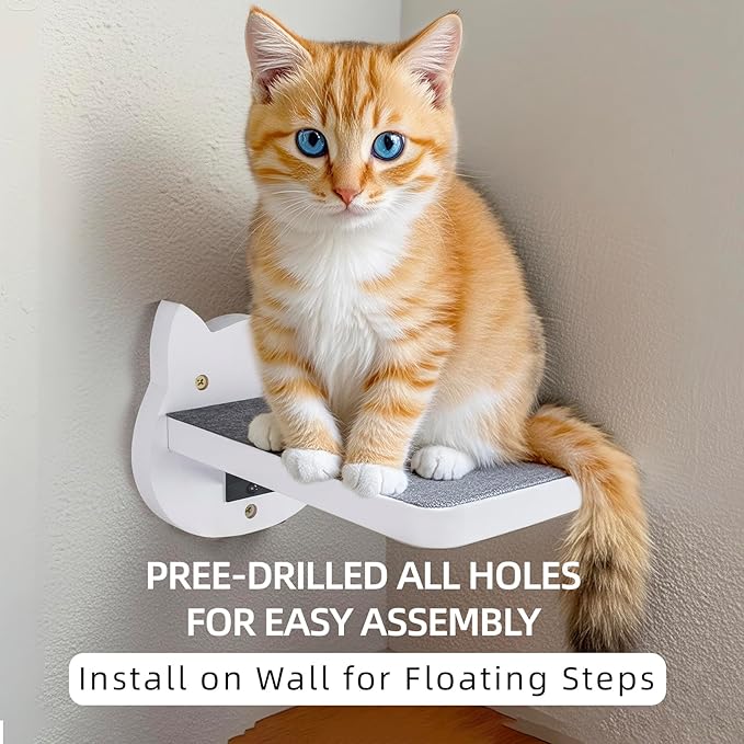 ESPETS White Painted Wooden Cat Wall Floating Steps Set of 3 - Wall Mounted Cat Floating Furniture Shelves and Perches, Sturdy Climber Stairs Ladders - Holds up 30lbs-PawvioPets