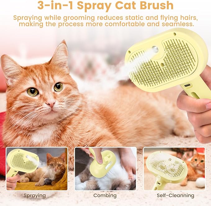 3 in 1 Cat Steam Brush, Pet Spray Hair Removal Comb for Shedding & Grooming, Water Brush for Cats Dogs Small Animals Long Short Haired with One-Click Release Button(Yellow)-PawvioPets