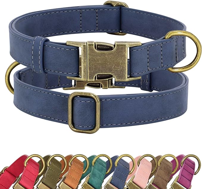 Didog Soft Leather Dog Collar, Durable Heavy Duty Dog Collars with Quick Release Metal Buckle, Adjustable Dog Collar Leather for Medium Small Dogs, Blue, M-PawvioPets