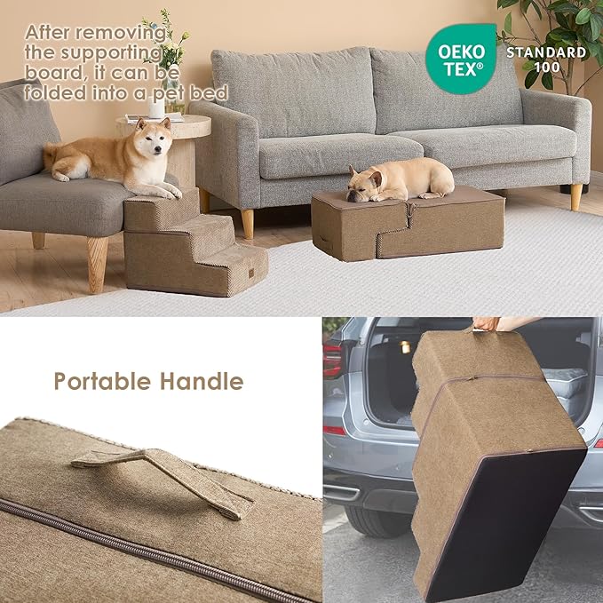 EHEYCIGA Dog Stairs for Bed 18" H, 4-Step Dog Steps for High Bed, Pet Steps for Small Dogs and Cats, Non-Slip Balanced Pet Ramp Indoor, Camel-PawvioPets