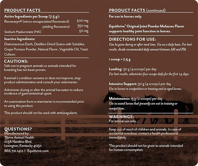 Equithrive Original Joint Supplement Powder with Resveratrol and Hyaluronic Acid for Horses, Equine Care, Molasses Flavor, 2 lbs-PawvioPets