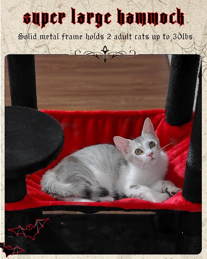 Gothic Cat Tree with Super Large Hammock, 56.3" Black Cat Tower with Coffin Bed, Cat Condo, Sisal Scratching Posts & Top Perch, Multi-Level Goth Cat Tree, Halloween, Black-PawvioPets