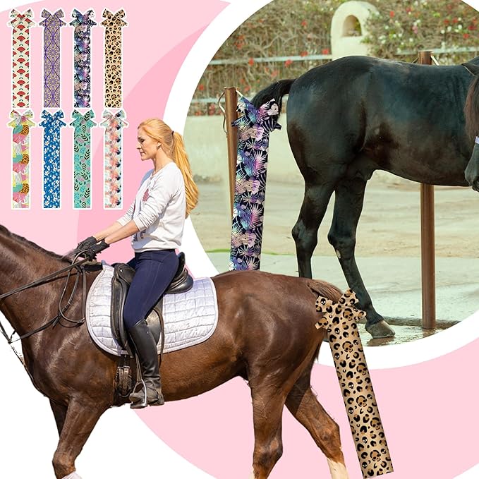 Eccliy 8 Pcs Horse Tail Bag Breathable Guard Stretchy 22" Slip on Horse Tail Wrap 2 Strand Closure Straps Grooming Supplies to Keep from Dirt Breakage Rubbing 8 Designs-PawvioPets
