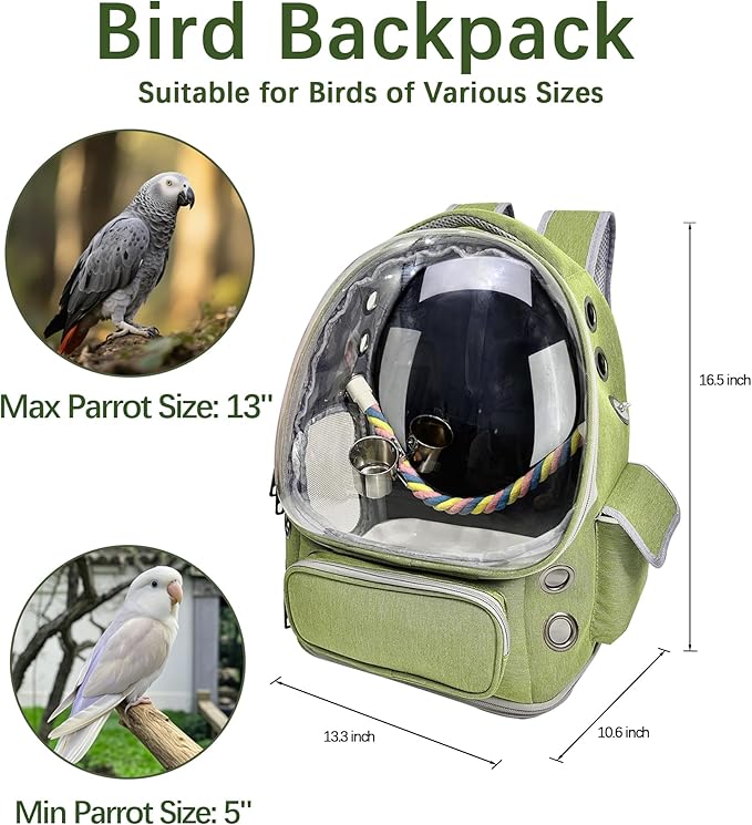 Bird Backpack Carrier Travel Cage with Perch, Tray &Food Cups for African Greys, Conures Parakeet Cockatiel Budgie,Small Animal Pet Carrier Bag for Vet Hiking Camping-PawvioPets