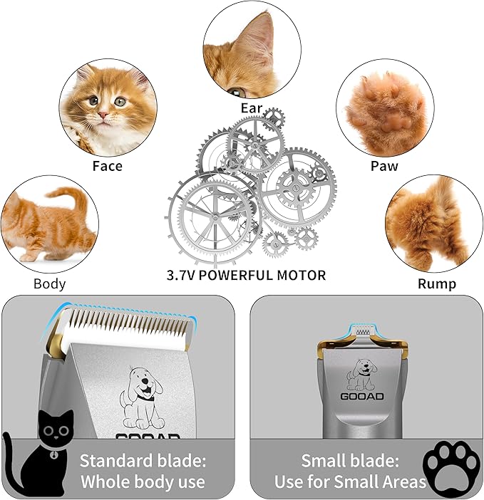 Cat Clippers, Professional Cat Grooming Kit, Cordless Cat Grooming Clippers for Thick Coats, Cat Hair Trimmer, Low Noise Cat Shaver Clippers, Quiet Pet Hair Clippers Tools for Cats Dogs (Gray)-PawvioPets
