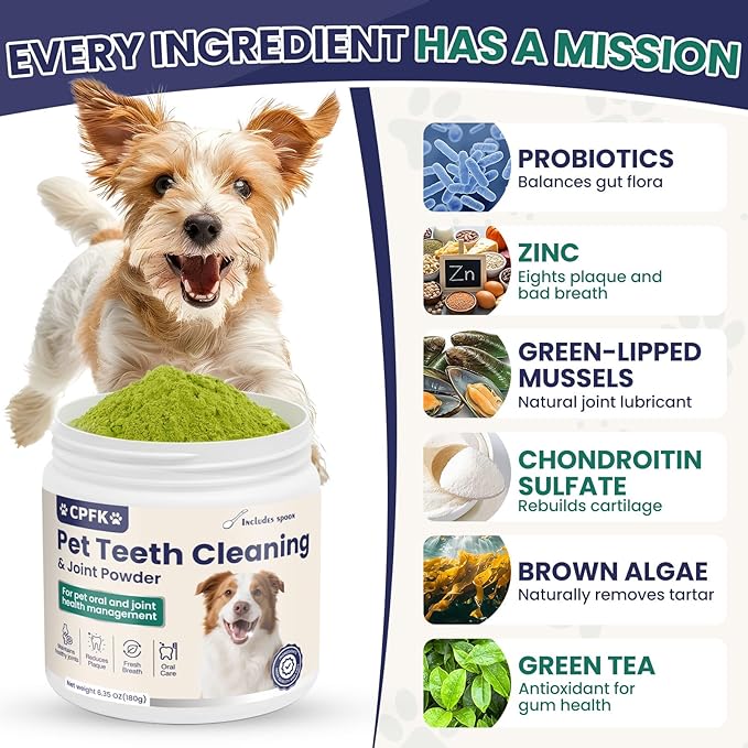 Dental Cleaning Joint Powder for Dogs - 6.35OZ Dog Dental Cleaning Powder with Probiotics to Lighten Bad Breath and Control Plaque Tartar Supports Dog Dental Care and Joint Health-PawvioPets