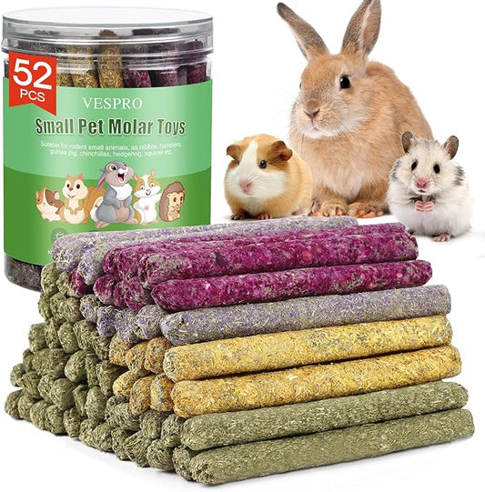 52Pcs Rabbit Chew Sticks, Guinea Pig Toys, Natural Timothy Grass Molar Teeth Stick, Mixing Flowers, Roses, Calendula and Forget Me Not, Small Animals Treats-PawvioPets