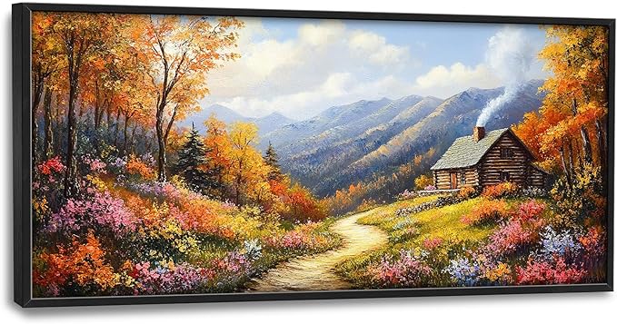 Framed Large Autumn Mountain Wall Art for Living Room, Oversized Wildflower Tree Wall Decor Nature Landscape Canvas Painting Modern Artwork Home Decoration for Living Room Bedroom 60"x30"-PawvioPets