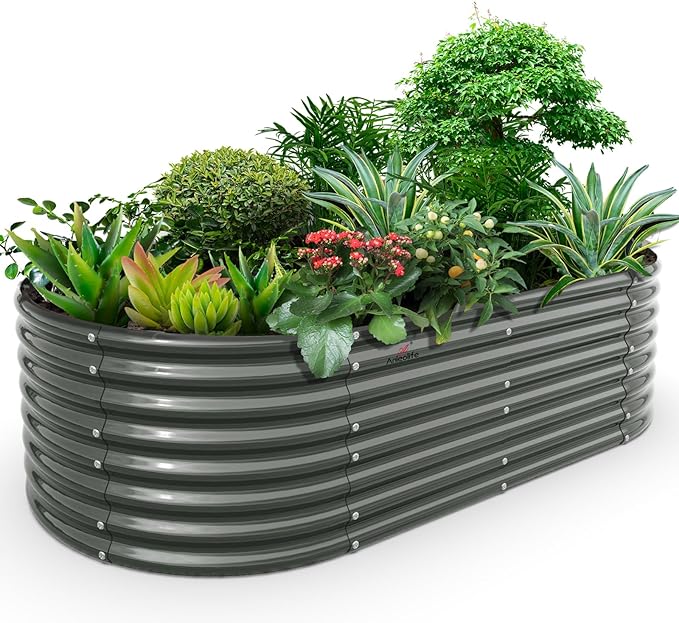 A ANLEOLIFE 8x4x2ft Galvanized Raised Garden Bed Kit, Oval Metal Deep Root Planters for Outdoor Plants Vegetables Flowers Herb, Large Bottomless, 478 Gallon Capacity- Quartz Grey-PawvioPets