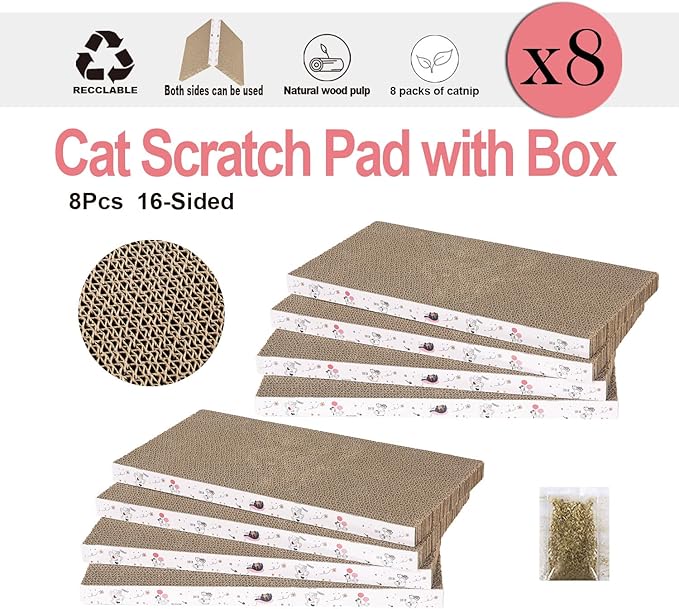 8 Packs in 1 Cat Scratch Pad, Cat Scratcher Cardboard,Reversible,Durable Recyclable Cardboard, Premium Scratch, Suitable for Cats to Rest, Grind Claws and Play-PawvioPets