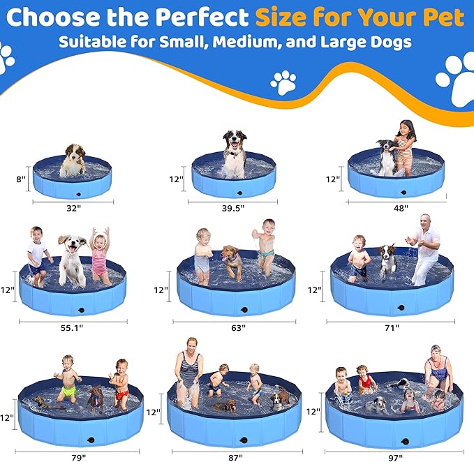79" x 12" Foldable Dog Pool - Collapsible Hard Plastic Kiddie Pool for Dogs & Kids, Non-Slip Pet Bath Tub for Outdoor Backyard Use, Lightweight & Portable (Blue)-PawvioPets
