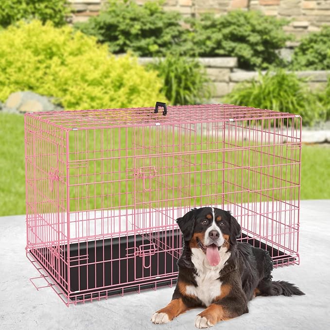 BestPet | Dog Crate | 48" | Pink | Foldable Metal Kennel with Double Doors, Secure Slide-Bolt Latches, Leakproof Tray | Portable Dog Cage for Large Breeds | for Travel, Indoor & Outdoor Use-PawvioPets