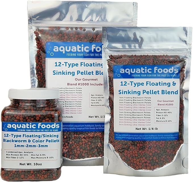 Aquatic Foods Inc. 12-Type Ultra Mix of 1mm, 2mm, 3mm Floating & Sinking California Blackworm and Intense Coloring Pellets for All Tropical Fish & Pond Fish...1/4-lb Bag-PawvioPets
