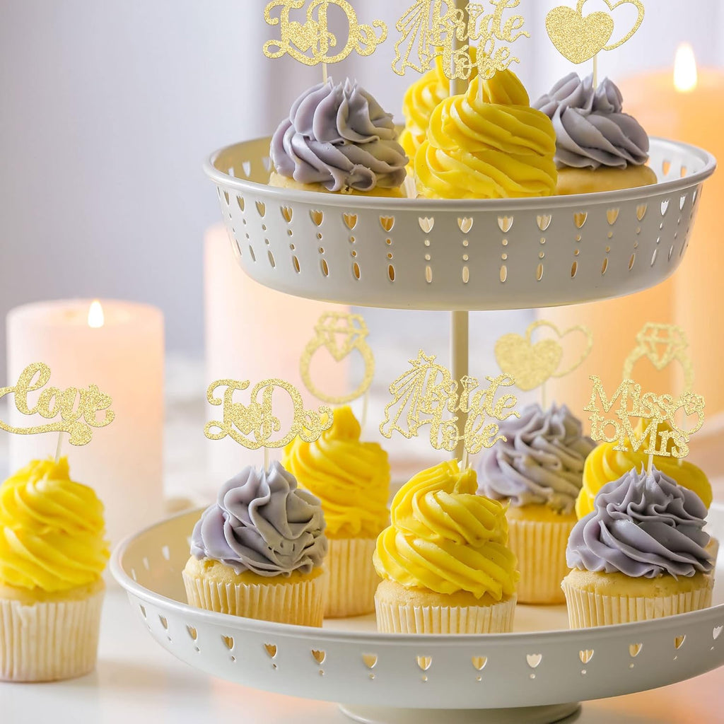 Gyufise 24Pcs Bride to Be Cupcake Toppers Gold Glitter I Do Love Heart Ring Miss To Mrs Cupcake Picks Bridal Shower Cake Decorations for Wedding Engagement Bachelorette Party Supplies