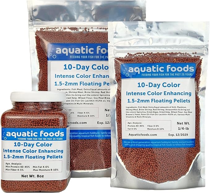 Aquatic Foods Inc. Ultra Intense Color Enhancing with a 10-Day Color Change, 1.5mm - 2mm Floating Pellets for Cichlids, Discus, All Baby and Small Tropical Fish & Pond Fish…8oz Jar-PawvioPets