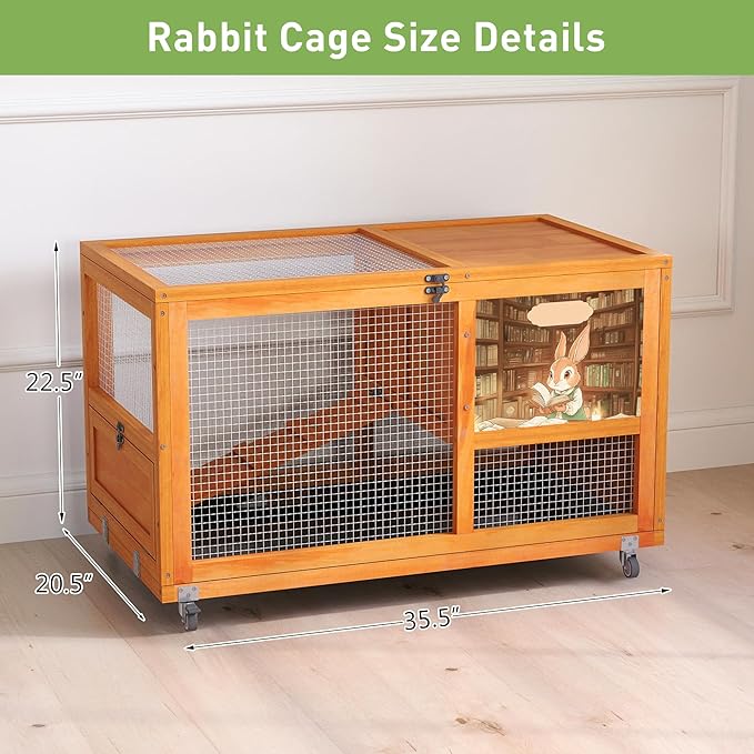 COZIWOW Wooden 36Inches Rabbit Hutch Indoor with Wheels Bunny Cage Outdoor Rabbit Cage with Clean Tray, Openable Roof, Anti-Slip Ramp for Small Bunny (Orange with Pattern)-PawvioPets
