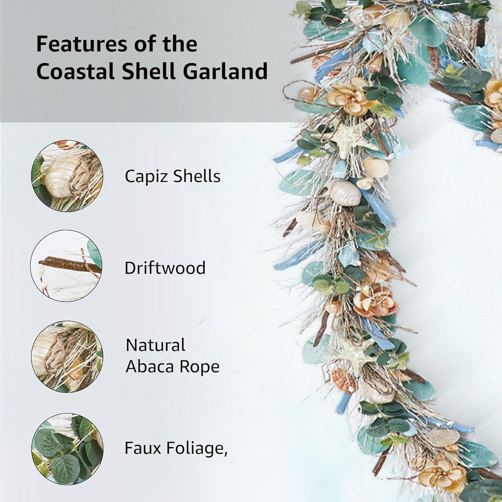 5' Coastal Shell Garland – Handcrafted Holiday Tree Wall Decor with Capiz Shells, Driftwood & Twigs – Coastal Elegance for Home, Mantle Decor, Bedroom, Dining & Doorway
