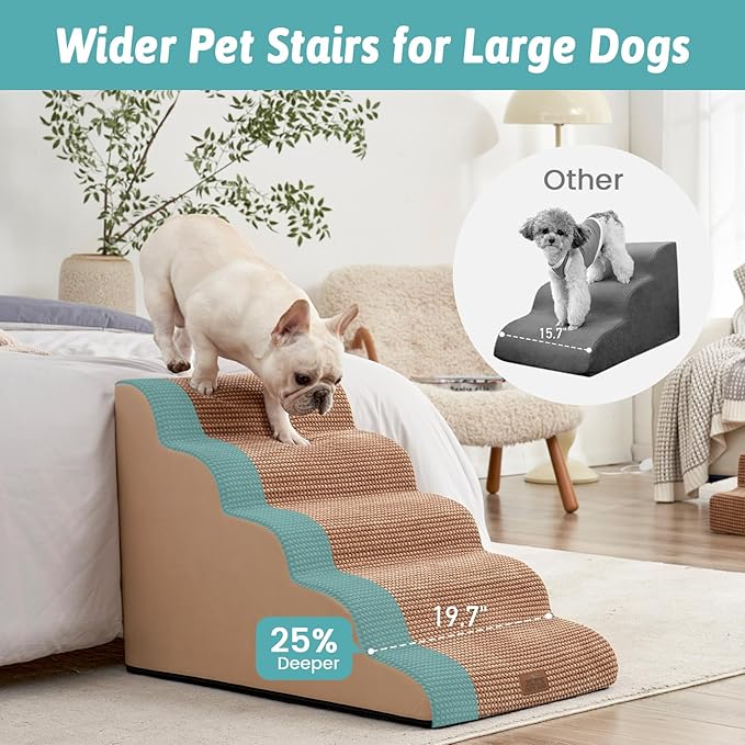Extra Wide Dog Stairs 19.7" Width, Large Pet Step for Small Medium Dog, Puppy or Cat, Ramp for High Bed or Car, High Density Foam Ladder, Stable, 5 Step, 19.7x33x22.4 inch, Light Brown-PawvioPets