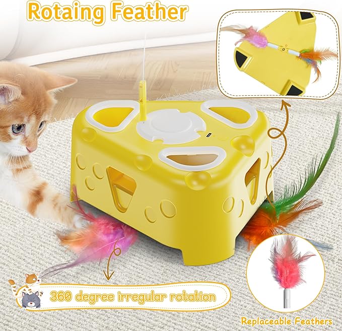 3-in-1 Interactive Cat Toy for Indoor Cats,Automatic Kitten Toys,Flying Bird,6 Holes Mole,Rotating Feather, USB Rechargeable Electronic Interactive Feather Toy for Bored Adult & Kitten Cats-PawvioPets
