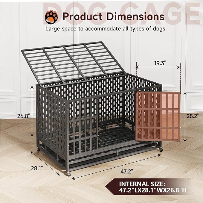 48/42 Inch Heavy Duty Indestructible Dog Crate Steel Escape Proof, Indoor Double Door High Anxiety Cage, Kennel with Wheels, Removable Tray, Extra Large XL XXL-PawvioPets